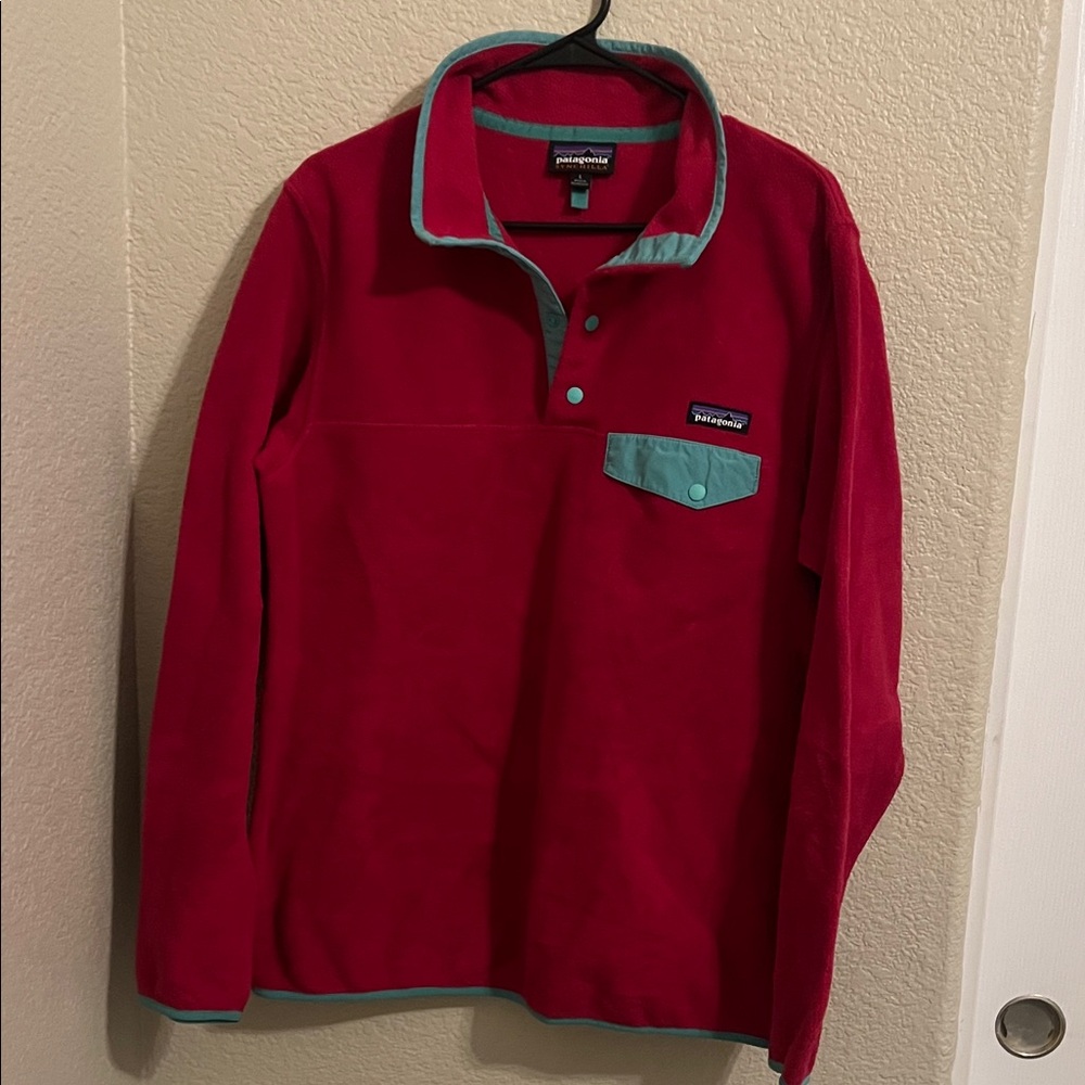 Patagonia Men's Red and Teal Fleece Pullover